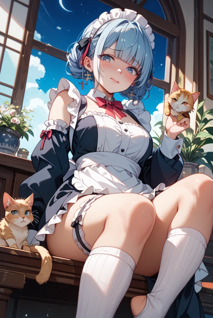 (the best quality t),(Very Detail),(master masterpiece),(Hyper detailed),(absurds),(((artbook))),((8k_wallpaper)),Huge Ass,bare thighs,Gigantic breasts,barefeet,1girl,solo、animal ears、Kittens、barefeet、Cat Ear、short Sleeves、grass field、ple short hair、Sorrisos、White Hair、Puff sleeves、White dress、neito、rays of sunlight、BROWN EYES、Mottled sunshine、petite、out door、Bubble short sleeves、hair bangs, All body, Tears, Crys, Kittens, Underwear with white pattern