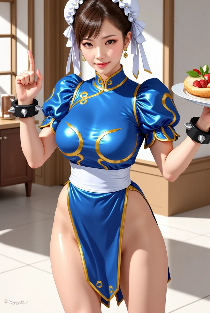 (((masterpiece))), ((photorealistic)), ((8k wallpaper)), (best quality), (one image), (((perfect quality))), solo, (detailed eyes), girl, ((eating donut)), front view, ((Chun Li)), very beautiful, young, pose: (sexy pose, ((shoving donut into mouth with arm)), ((eating donut)), shy pose, standing), face : (young, (makeup), ((eating donut)), ((detailed mouth)), ((biting donut)), ((perfect teeth)), (perfect face), (small smile), detailed face, (simmetric face), very beautiful face, asian, very beautiful, cute face, young, big eyes) , figure: ( (very full body), (very full figure), ((huge breasts)), ((very curvy)), (very thicc), (very thick), wide waist, ((a bit chubby)), ((a bit chubby belly)), (belly bulge), (big deep navel), very soft, ((very curvy)), love handles, wide hips, ((sexy curves)), sexy, muffin top, fat ass, very thick thighs, thunder thighs) , clothes : (tight blue latex costume)