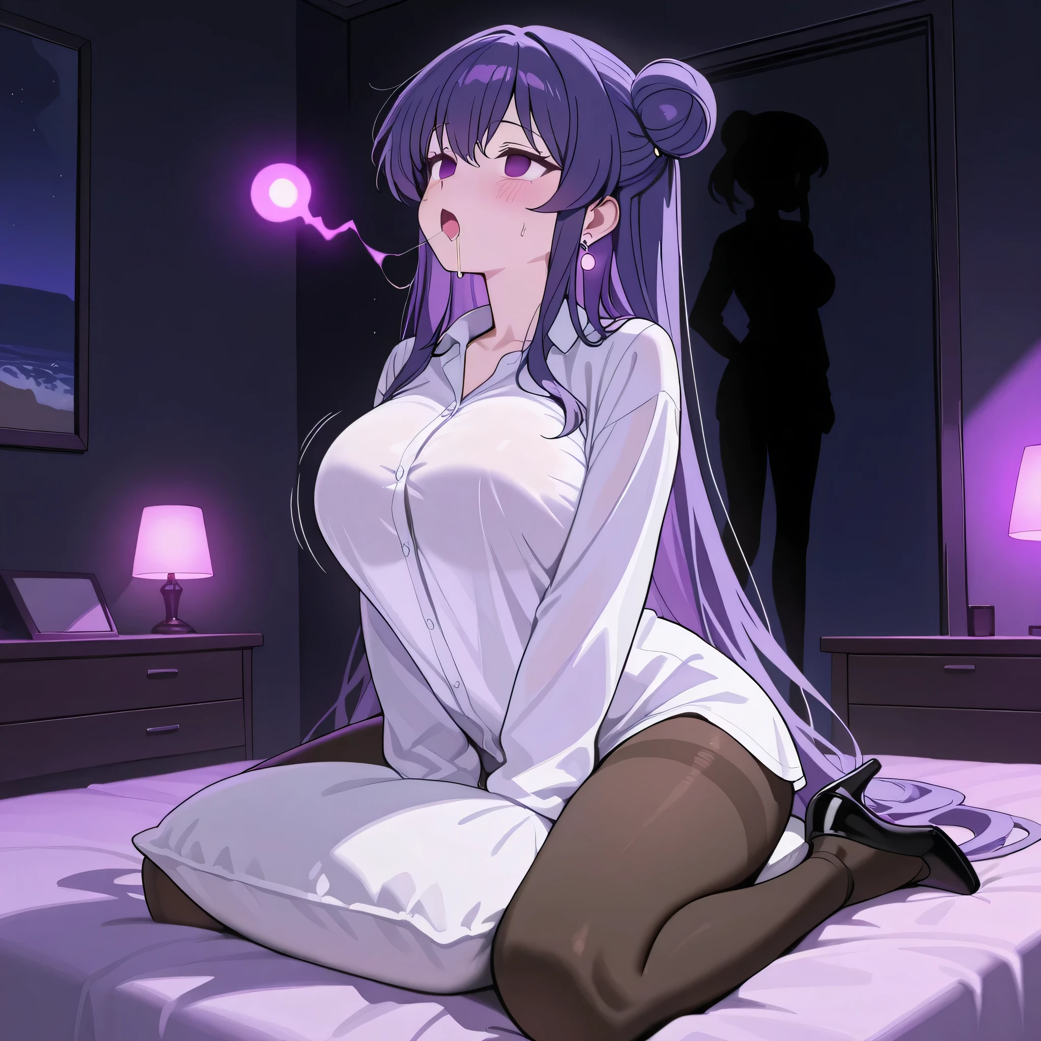 score_9, score_8_up, score_7_up, 1girl, sole female, only female, (top quality, 8k), high resolution, smooth, best quality, highly detailed, bedroom at night, in bed, purple light, (dark room), large breasts, glowing hypnotic waves in the background, at night, masterpiece, high quality, absurd resolution, blush, empty eyes, orgasm face, humping pillow, orgasm, v_arms, naked shirt, oversized white shirt, seethru silhouette, boob tent, taut clothing, black pantyhose, high heels, breast focus, jewelry, earrings, Shampoo, purple hair, very long hair, hair bun, very thin legs, long legs, black pantyhose, saliva trail, drooling, a lot of saliva, humping pillow, pillow between legs, motion lines, girl on top of pillow, cowgirl position