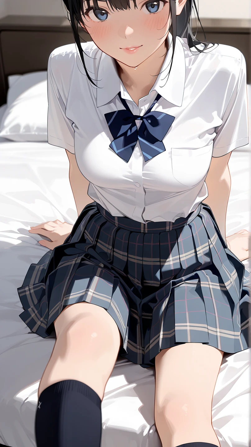 ((masutepiece, Best Quality, hight resolution, nffsw, Perfect Pixel, 4K, nffsw, nffsw))), 1girl in, Single, Solo, Beautie、full body seen、 ((Short Wave Hair, Bangs, Brown hair)), ((Brown-eyed, Beautiful eyelashes, Realistic eyes)), ((Detailed face, Blushing:1.2)), ((Smooth texture:0.75, Realistic texture:0.65, Photorealistic:1.1, Anime CG style)), medium breasts, Dynamic Angle, Perfect body, ((School uniform,  White shirt, Black skirt, Unbuttoned shirt、plaid skirts、I'm not wearing shoes、White Sox)), Classrooms without people、Sit on a desk、Lower&#39;I took my foot off the desk...................................、early evening、、、Very embarrassing panic smile、(Lift the skirt with your right hand、Open both legs、Open your knees wide、Light blue and yellow floral lace panties)、、(Cute floral bra)、Angle from below