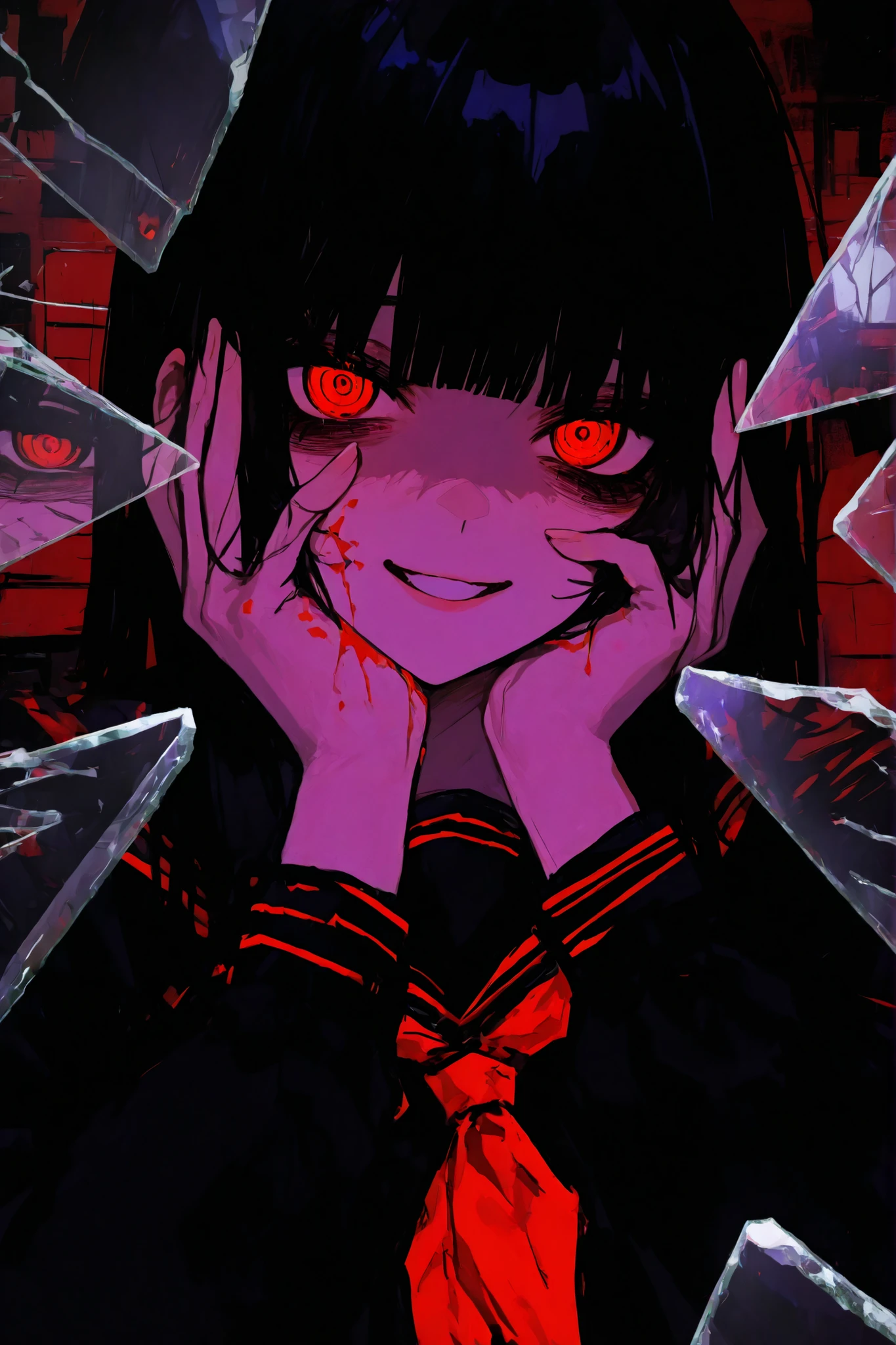 masterpiece, best quality, ultra detailed, newest, absurdres, highres, glass shards, (reflection:1.2), broken glass, 1girl, solo, black hair, long hair, hime haircut, red eyes, glowing eyes, bags under eyes, black eyeshadow, medium breasts, black seifuku, crazy, yandere smile, school, hands on face, blood, blood on face, blood on clothes, abstract, upper body