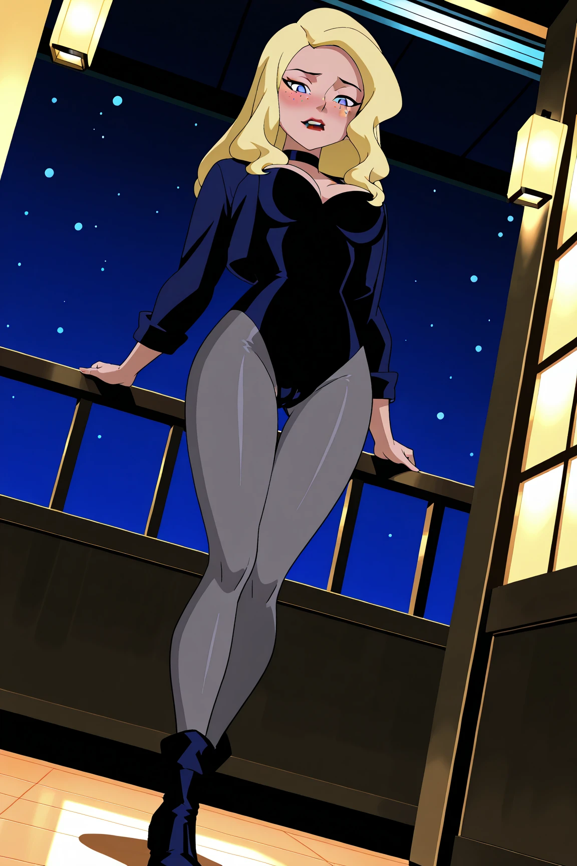 ((masterpiece,best quality)), absurdres,
Black_Canary_JLU,
solo, smiling, looking at viewer, cowboy shot,
night sky and city in background, cinematic composition, dynamic pose,