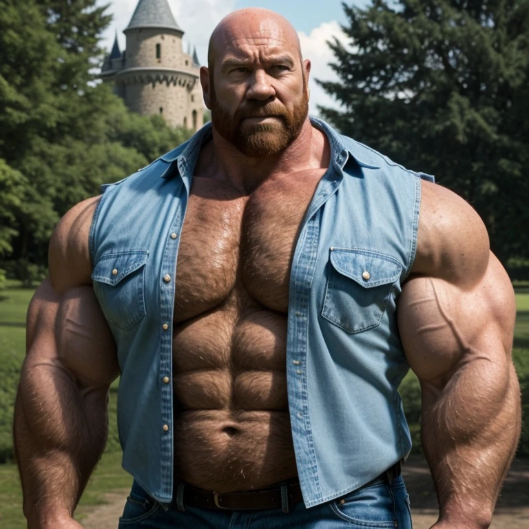Whole body image of an Absolute monster of a cowboy Caucasian bodybuilder in a 'double bicep' pose. Huge huge shoulders, three times as wide as his waist, he is as broad as he is tall. 20 years old. Blond, close cropped beard, powerfully muscled, massive shoulders and biceps. well-defined six pack. Exceptionally thick gold cross necklace. field background