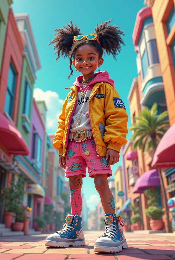 3D chibi style realistic portrait of beautiful 9 month old African African baby girl ((dark brown skin color)) in city street, with jumping happily, ((Playtoon)), cute smile, ((with flowers)), wearing T-shirt (((without print))), orange and jeans, shoes from current fashion, mega hair long curly hair, ((kanekalon)), (cinematic contour lighting), close-up, product preview, detailed facial details, perfect face, sharpness, trend art, sharp facial details, cgsociety , art very high quality digital, exquisite hyperdetail, 4k, 3D, 8k, chibi style, soft lighting, dreamy --iso 100, fashion --ar 2:3 -upscale - want more?join our official channel for unlimited creation --auto --s2