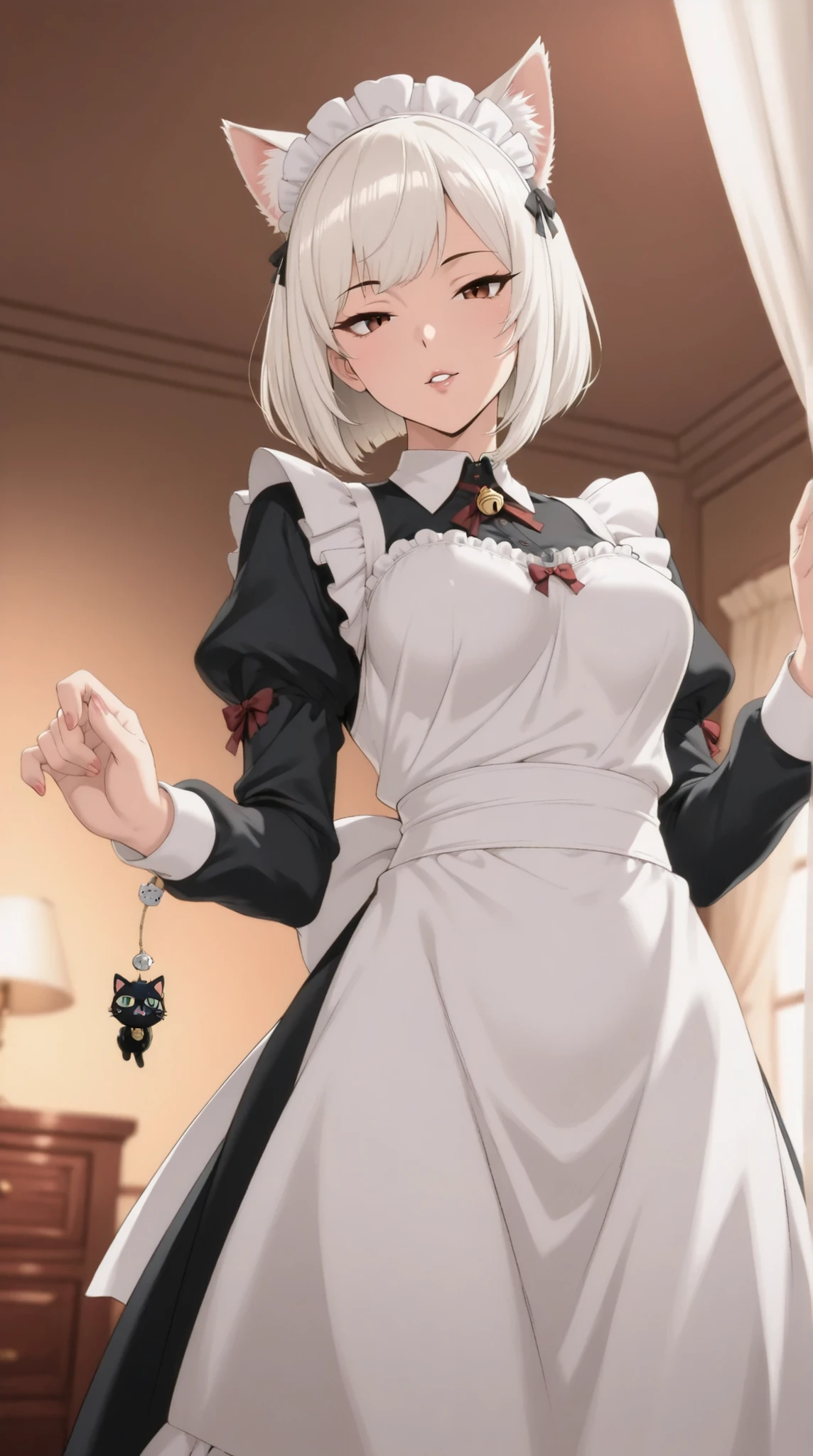 Anime-style illustration, 2.5D cel-shaded rendering, warm morning light filtered through gauze curtains, soft lens bokeh, luxurious interior of a maid café, ((Luxuriously decorated maid café with gothic-style interior)), dramatic low-angle POV from the floor, (((anime-style woman exuding dangerously seductive cat-ear charm, resembling Y’shtola:1.6))) approaching while radiating allure toward the viewer, platinum short bob hair, low-angle shot from bed level, ((no visible human ears:2.2)), gothic-style maid outfit, glossy smooth skin highlights, slightly parted glossy lips, half-lidded eyes full of passion, magical aura of charm radiating from her body, glittering light submitting to her presence, room enveloped in her sensual energy, visual tension, cinematic depth, ultra-atmospheric, no cats, no animals, no pets, no felines, no plushies, no text, frameless, no UI