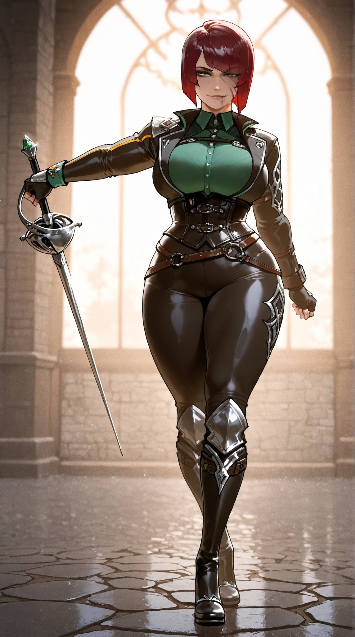 ((Plain background 1:2)) Female full body standing straight symmetrical looking to the viewer RED full body armored (handcuffs, shackles, rerebrace, faulds, poleyn, gauntlets, leather collar choker, gloves, gauntlets, high boots bootstraps, black stockings) 2 crossing big belt under belly button, navel, abs, garter straps belts attaching bra ((hands on hips)) view from below, wide hips - choppy bangs, arched crescent eyebrows, sharp and determined eyes, a delicate oval face, a serious expression, a fantasy-style dark green military coat, draped with a dark red cloak, leather combat boots, silver greaves leggings, this character embodies a finely crafted fantasy style female military officer in anime style, exquisite and mature manga art style, pale skin, big breast knockers cleavage