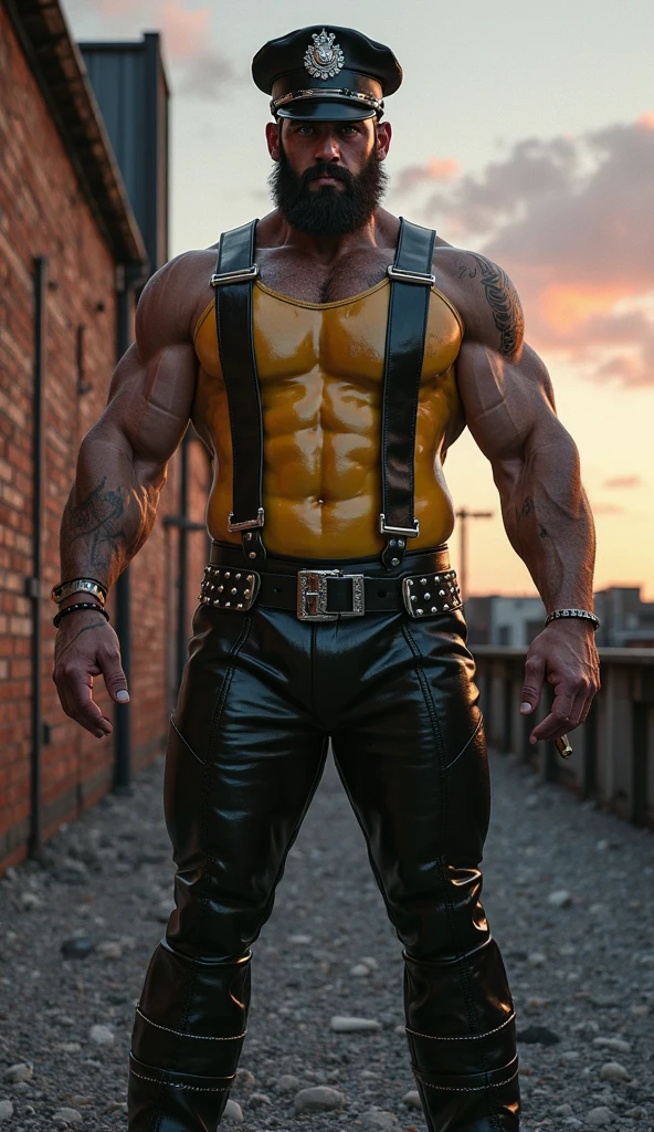 Fullbody standing picture of white skin Handsome muscular nude horny sexy gay man wearing skinny tight shiny yellow latex ripped tights, shiny black Disconnected Pompadour oiled hair style, blue eyes, shiny varnished brown shoes, brown belt, red lip, six pack, chain, tattoos, horny, cum shot, sperm, milking penis, very big penis, very big testicle, shiny oiled skin, orgasm, oversexed, masturbation, standing at white lighting show room.