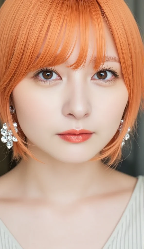 RAW photo,(high detailed skin:1.2), 8k uhd, dslr, soft lighting, high quality, film grain, Fujifilm XT3,MODELSHOOT STYLE,a close up of a girl, beautiful woman,orange hair, wig, snapchat photo, dramatic smirk pose, long hair, loving stare,contest winner, stream, charmed sexy look, overlay, <lora:virtualgeisha_v01:.8>