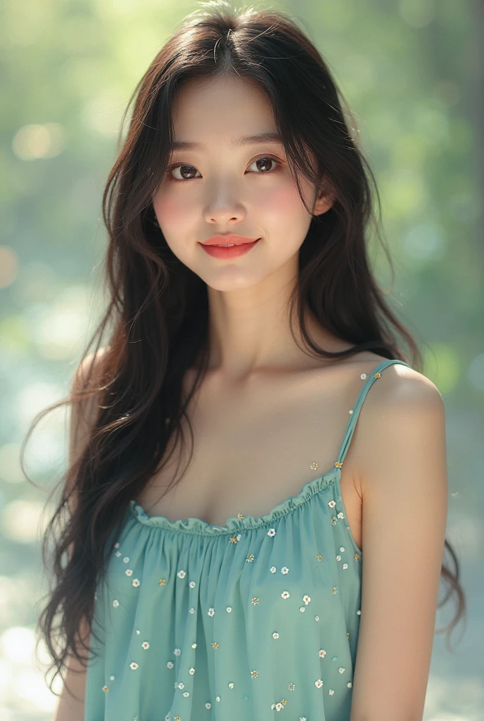 film portrait photography, 1girl, bare shoulders, wavy shoulder-length hair, serene, calm, (realistic detailed eyes, natural skin texture, realistic face details), soft dramatic lighting, depth of field, bokeh, vibrant details, finely detailed, hyperrealistic, 35mm film, hazy blur, filmg,happy smile, dancing, transparent blue spring dress, riding a bike