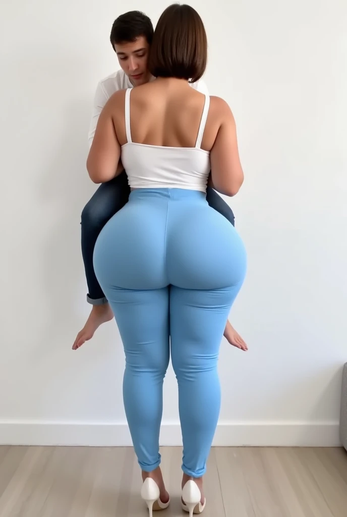 High resolution, (((two people in picture))), (one is a mature white girl, (((bimbo))), thick, long blonde, ponytail, she is smiling and laughing , very big wide hips, thick thighs, hourglass figure, small round breast, ((she's wearing dolphin shorts)), a table is in between her and viewer, she's bent over the table), (the other is a young muscular man, he's in shorts and a T-shirt, the man standing directly behind her, ((his hand is on her ass groping it))), (((ass grab)))