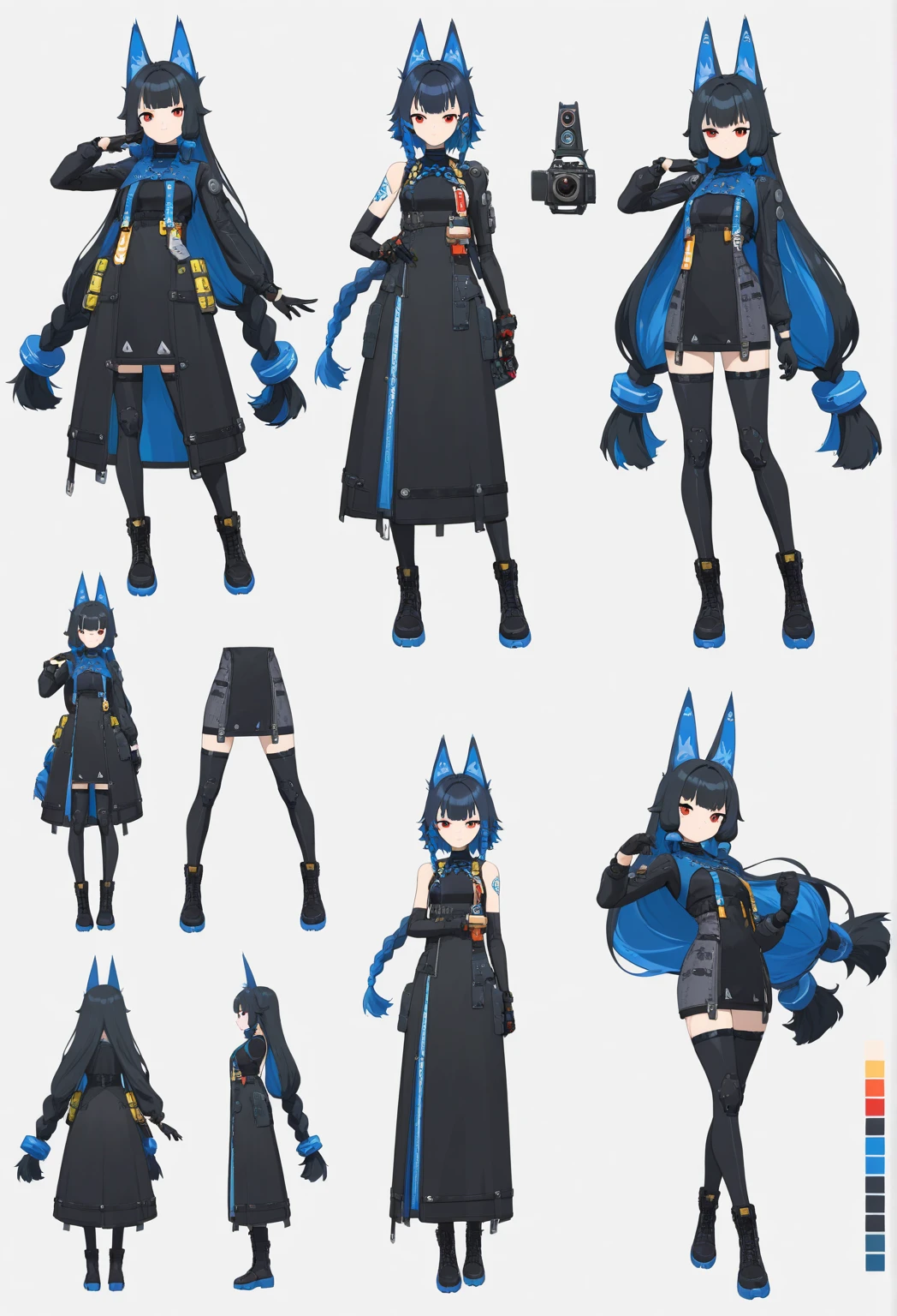 1 Girl,Cat ears,Dark skin tone的女性,Dark skin tone,clothing,earrings,Jackal ears,Jewelry,Long hair,,beautiful girl,Standing,Sexy pose,Blue Hair,skin,Keep your mouth shut,Wear,whole body,solo,Standing, character model sheet turnaround, character turnaround, Animation character design, whole body拍摄转身, detailed whole body概念艺术, Colorful Concept Art, Anime Concept Art, whole body角色概念艺术, whole body概念艺术, game character concept art, Reference Model Table, Character Concept Reference Art,