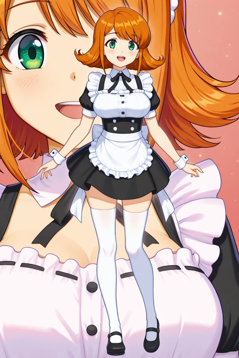Mujer, (pechos grandes), ((corte bob recto)), ((cabello naranja)), (solo), sexy Orange hair, mcdonald's, straight bob cut ((wedding dress)) ((sexy)) cute smile ((thick legs))