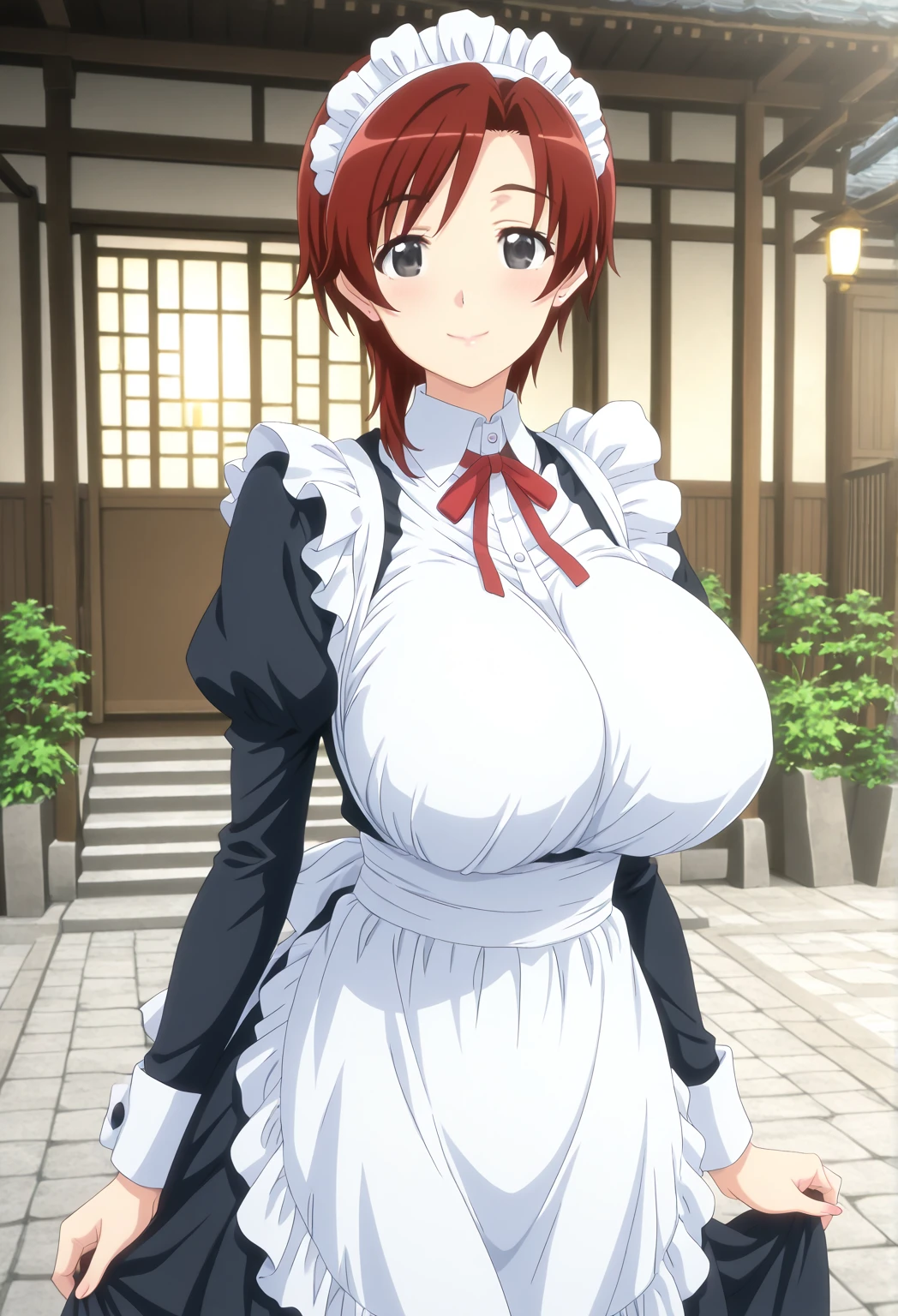 (((maid clothes)))), cleavage, showing her thighs, kousaka honoka 