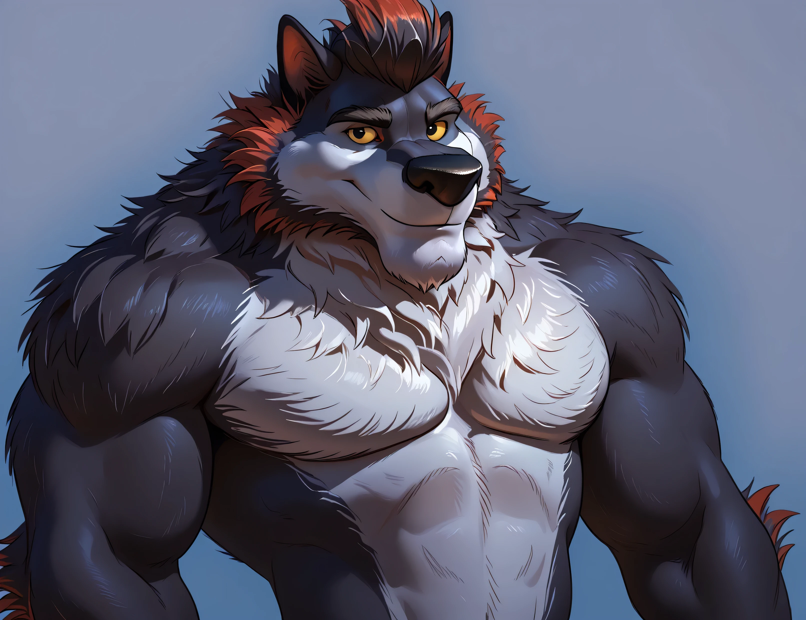 Flasheart Lupin (100% Wolf), yellow sclera, solo, detailed, detailed face, black eyes, anthro body, male, adult, muscular, cartoon shading, cel shaded:1.0, flat colors, (no background, white background):1.5, shirtless, wfa style, negger style, cartoony anatomy, above waist, looking at viewer, posing, smile put buff body