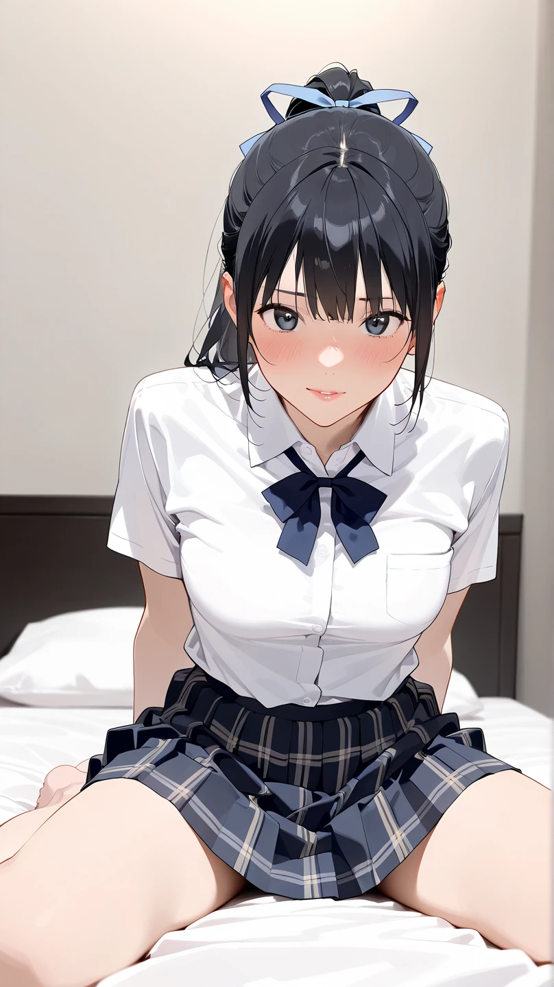 (1 person,solo), Beautiful woman, (Perfect Anatomy), Slender、(OL、White short sleeve shirt、vest、bow tie, detailed side tie panty), (Look down), (Pussy juice:1.1)、(Hugging your own chest)、20-year-old、(highest quality)、Black Hair, short hair、 Messy Hair、bedroom、On the bed, Sitting、(Cutting seat:1.2), (8k, High resolution)、(Embarrassing:1.4)、(blush:1.1), medium breast, (steam:1.1), embarrassed,
