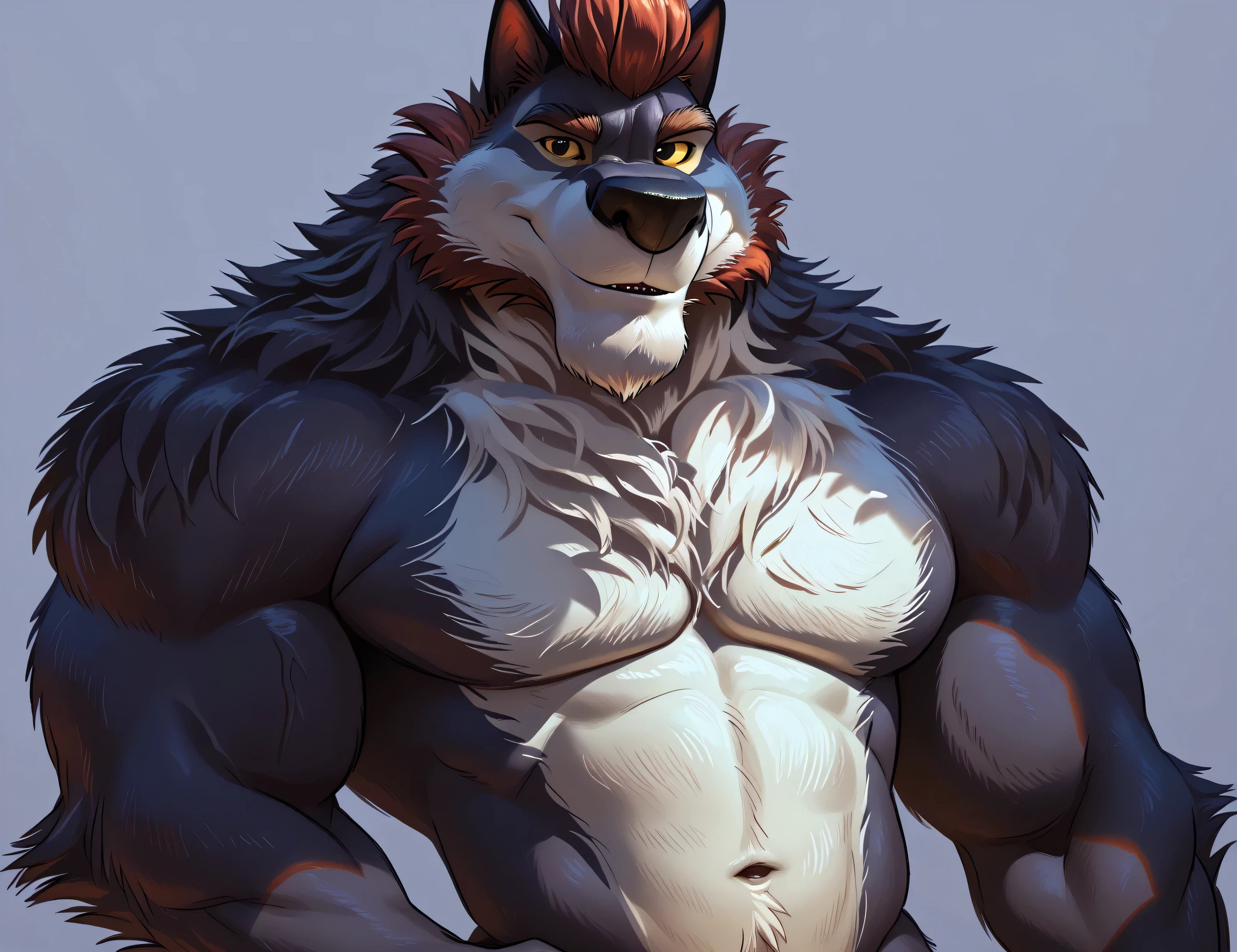 Flasheart Lupin (100% Wolf), yellow sclera, solo, detailed, detailed face, black eyes, anthro body, male, adult, muscular, cartoon shading, cel shaded:1.0, flat colors, (no background, white background):1.5, shirtless, wfa style, negger style, cartoony anatomy, above waist, looking at viewer, posing, smile put buff body