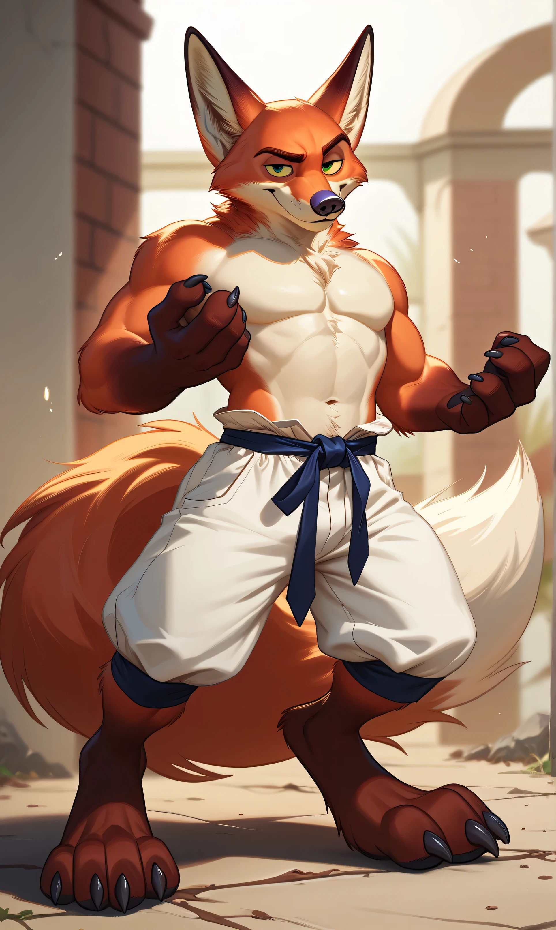 Male, Arctic wolf, detailed yellow eyes, long tail, big nipples, slim, sly, simple background,, smirk, bulge,  glasses, tail wrapping around body，((high heels))