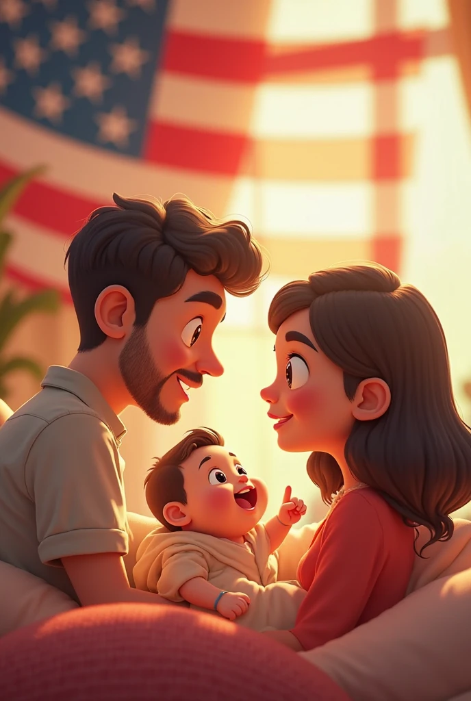 Animated white skin beautiful girl fashionable pregnant ,next to a boy with short curly hair hugging a black chihuahua dog next to a tall man with a black beard wearing reading glasses , Nike flat cap and Nike shoes with USA flag background on the back