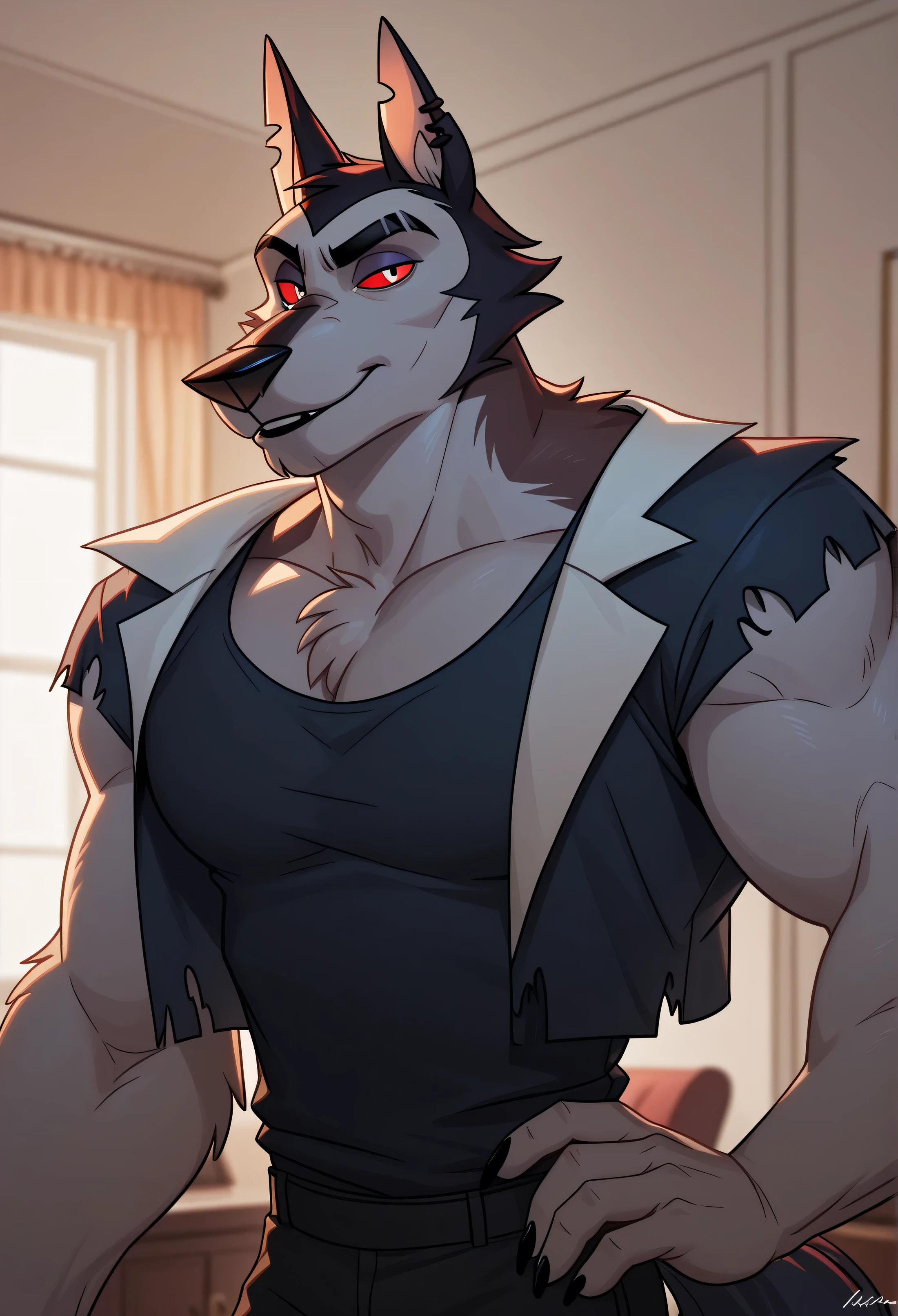  Vortex (Helluva Boss) [Pony & Illustrious], solo , detailed face, anthro body, male, adult, muscular, cartoon shading, cel shaded:1.0, flat colors, (no background, white background):1.5, shirtless, wfa style, cartoony anatomy, above waist, looking at viewer, posing, smile put werewolf body 