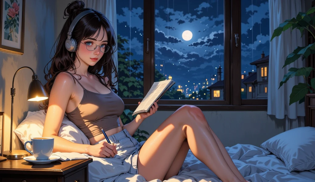 The place is a giant library, camera vista de baixo, sobras perfeitas, imagem perfeita, a girl is reading a book, The girl wears prescription glasses, a garota tem o cabelo preto liso e curto, The girl is looking at the book, You can see the gigantic moon from the window, only has one window --auto
