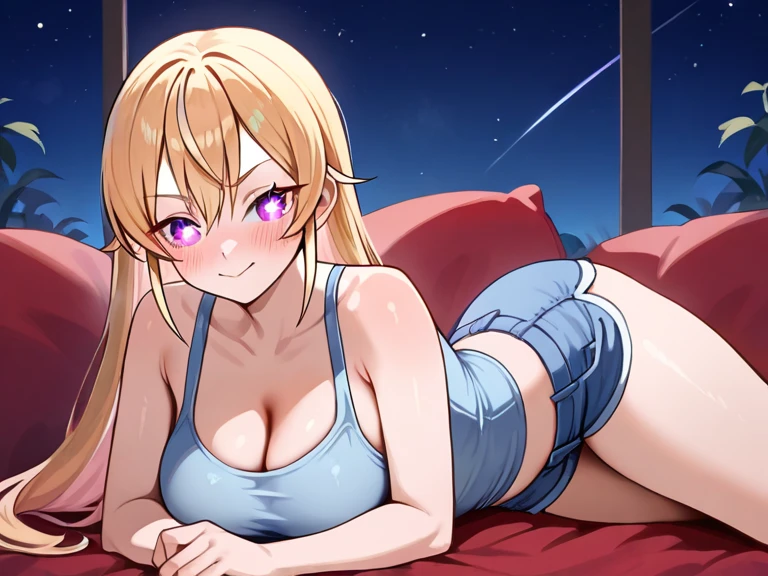 1girl in,night scene,Hotel,on the beds,Lying,Sportsbra、undergarment、,White shinana,panties on,blush,Smile,,Open mouth