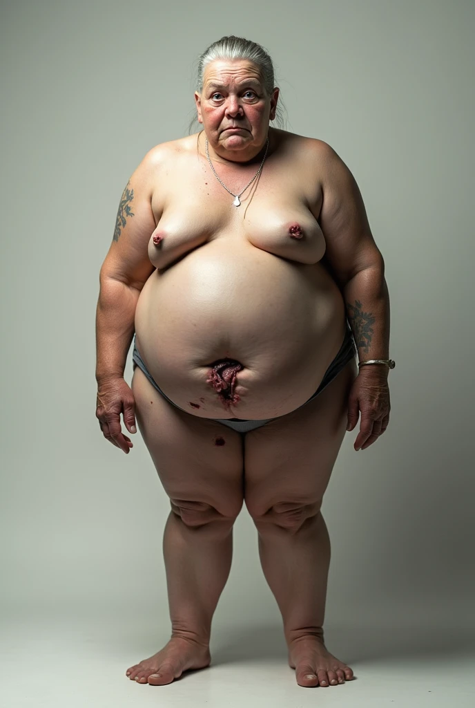 generate an image of a person with excess skin after bariatric surgery all over their body, demonstrating their feelings of sadness and anguish

