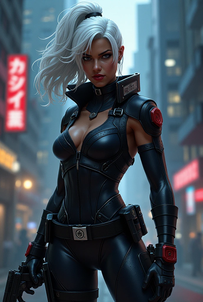 android 18,yorha 2b,mara jade,mordred, samus aran,overwatch,atelier ryza,close up,mountain view,tattoos,royal gray and gold plugsuit,white short sleeve formal top,black formal tie,thunder embroidery short sleeve formal coat,steel cargo leggings,short punk hair,punk makeup,blue eyes,multicolored silver hair,cyberpunk gloves,sexy smile,freckles,beautiful girl, cyberpunk high heels,large breasts,8k,ultra detailed,realistic,fantasy art,hair pin,ear piercings,(weather:thunderstorm),1girl,gold neck and hand jewelry,glowing thunder sword,