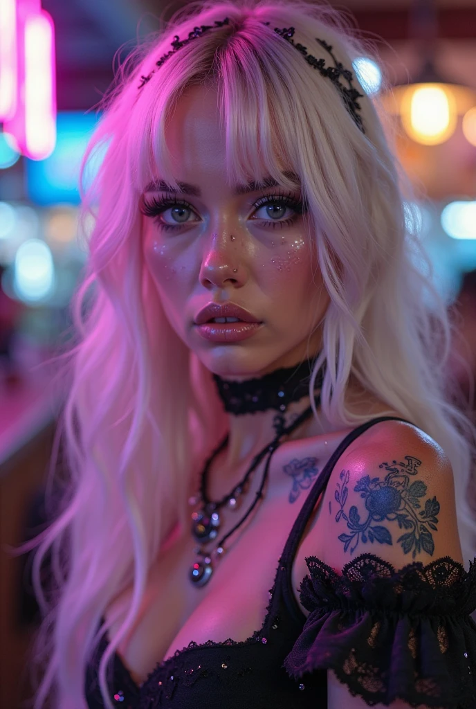beautiful girl with a very long platinum  blonde hair , blue streaks, green streaks blue eyes, lashes, big glossy lips, highlight and blush on her face,tattoos,piece, black eyeshadow,  black lipstick, wearing SISSY Strapped Triangle Three-Piece Lingerie Set , on dance pose , strip club background 