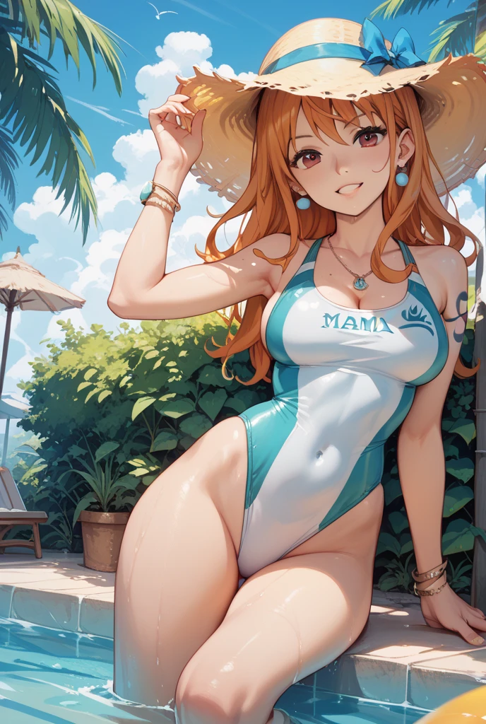 Erotic manga、Highest quality、Shyness、Smile、Busty idol lies down in a hammock at a tropical resort、Perfect proportions、Clear Eyes、Thick legs、Cowboy Shot