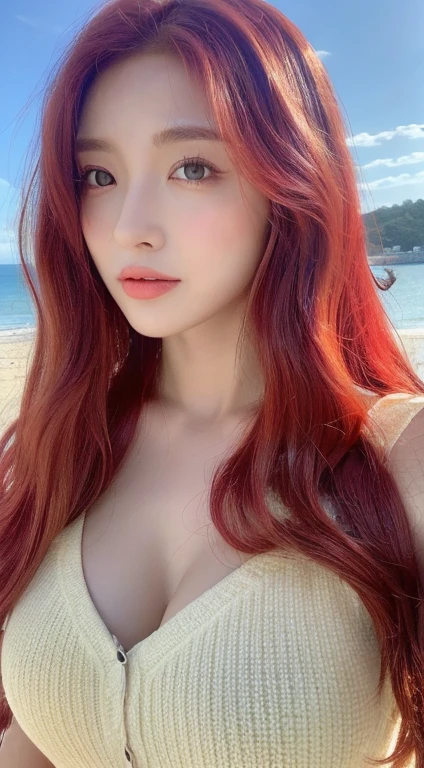 ((Realistic lighting, best qualtiy, 8K, tmasterpiece:1.3)), sharp fokus:1.2, 1girll, Beautiful Women with Perfect Figure:1.4, Slim abs:1.1, ((Red hair, Brustwarzen:1.3))，Cowgirl posture，（exteriors，In the daytime：1.1），Shoot by the sea，Ultra-fine face，Fine eyes，二重まぶた，curlies，with fair skin，mideum breasts，Random color clothes