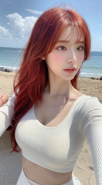 ((Realistic lighting, best qualtiy, 8K, tmasterpiece:1.3)), sharp fokus:1.2, 1girll, Beautiful Women with Perfect Figure:1.4, Slim abs:1.1, ((Red hair, Brustwarzen:1.3))，Cowgirl posture，（exteriors，In the daytime：1.1），Beach by the sea，Ultra-fine face，Fine eyes，二重まぶた，curlies，with fair skin，mideum breasts，Random color clothes