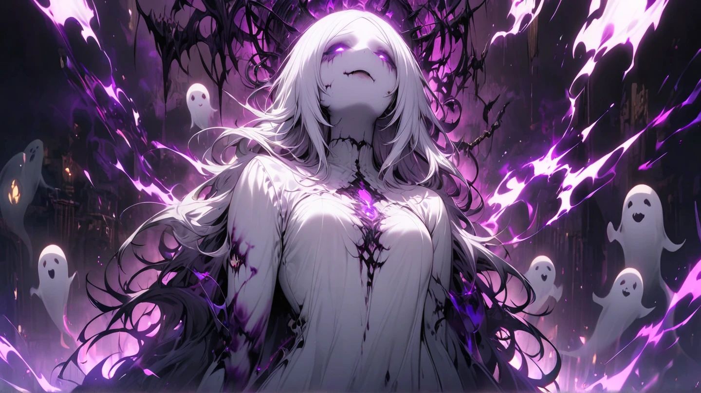 Barbed wire through the body,,Purple long hair,Glowing eyes,Black and white