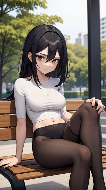 Anime girl, standing (stand), 1 girl (solo), hourglass figure, big size chest (big size boobs), looking at viewer, shy face, blush face, long hair, black hair, orange eyes, park (trees, grass, bench), wearing a black lace bra, wearing a black lace lingerie, wearing a usual black tights, wearing a usual black garter belt, ultra resolution, high detailed, a Head with good anatomy, a body with good anatomy, a hands with good anatomy, a legs with good anatomy, well drawn navel, open navel (visible navel), full body view, visible legs,
