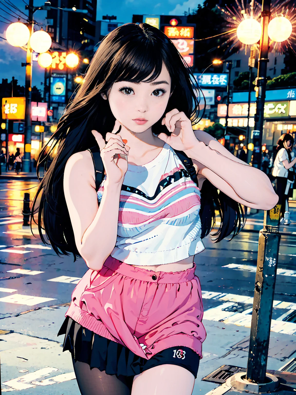 ((Best Quality, best resolution, award-winning portrait, official art)), ((perfect Masterpiece)), ((Realistic)) and ultra-detailed photography of a 1nerdy woman, 25 year old, with goth and post apocalyptic colors. She has ((long whispy long Black-colored hair)), wears a (Pink Bomber Jacket with a white Tshirt and a Black Crop top) and a (Harajuku-inspired shorts:1.2) , ((the most beautiful and sexy aesthetic)),drinking a can of soda, Show the whole body, Leaning back, Head tilt, eyes close, white background, Smiling. Knee high socks,  Dynamic pose Full Body, Eating ,birds eye view, Wearing a pizza hat. Sitting on a Crane GPL Vending Machine, isolated, Modern, Black Vending Machine on a white background, glass plane and has cans of soda inside with a lot of lights inside