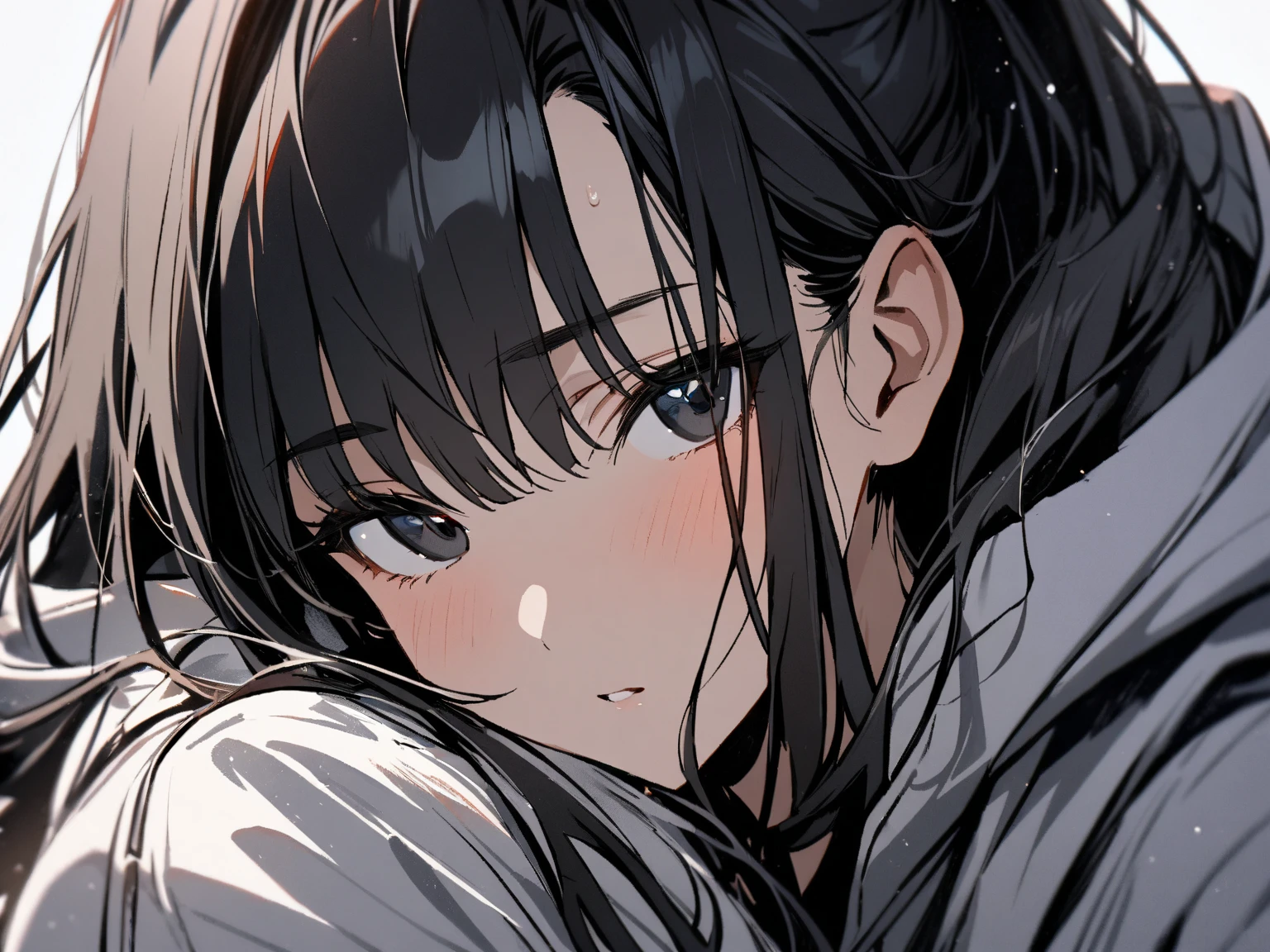 High resolution, Attention to detail, high quality, High resolution, 最high quality, 4K, 8K, Awards、White background、Black Hair、long hair、Slanted Eyes、cute、Shooting distance: 3M,(Clothes_Yellow line color:1.02),White shirt,Brown eyes