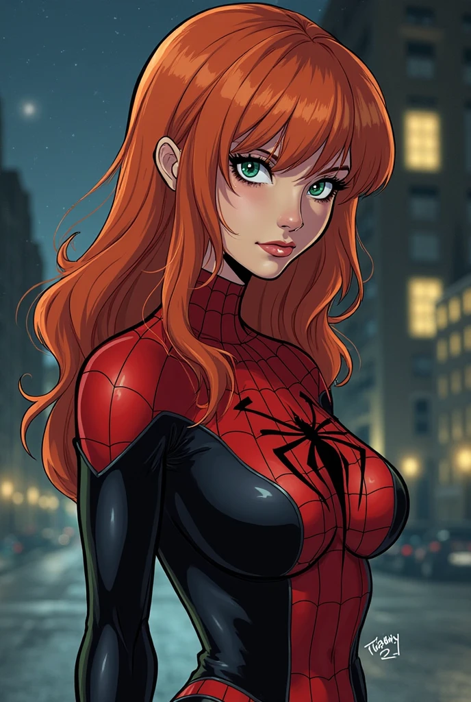 a close up shot of Mary Jane Watson (wearing a tight spider-man costume), (redhead, ginger, big green eyes), beautiful, gorgoues face, big pink lips, cheekbones, snokey eyes, freckled, sharp nose, jawline, skinny, slender, slim, ((ultra realistic)), (highly detailed face, big fake lips), beautiful lighting, smooth skin, bright image, bright colours, (hyperreal, realism), posing seductively