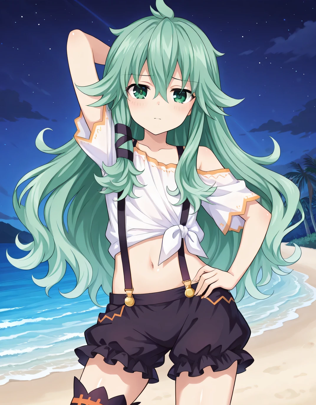 One girl,alone,kusanagi nene,Green Hair,Purple Eyes,Swimwear,project sekai,long hair,cute,cute,