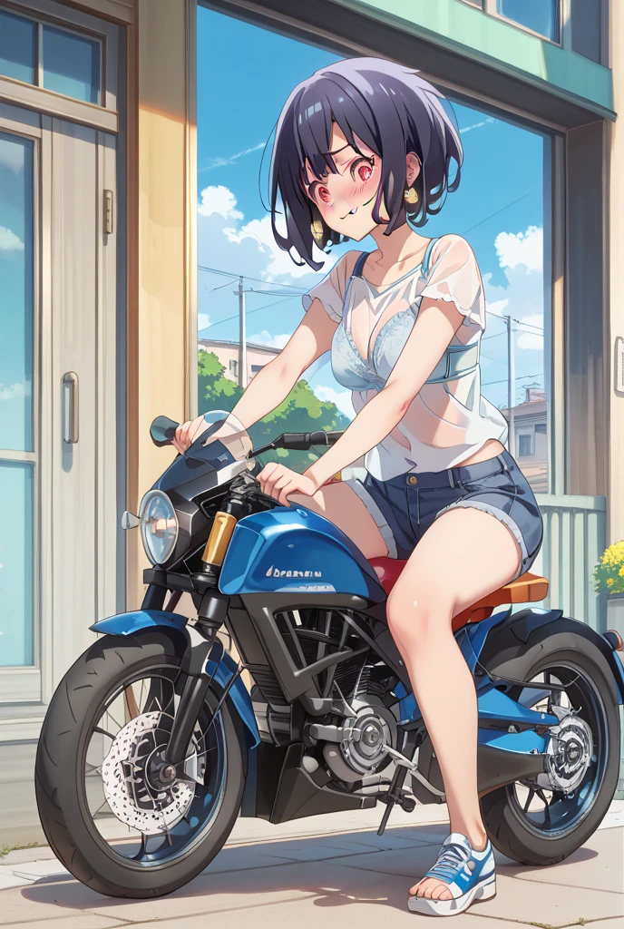 ultra-quality, ultla highres, Hyper Detailed, High contrast, superfine illustration, creative refinement, Akira Toriyama, Akira Toriyama's style, Girl straddling a motorcycle, Camisole and jeans, dirty