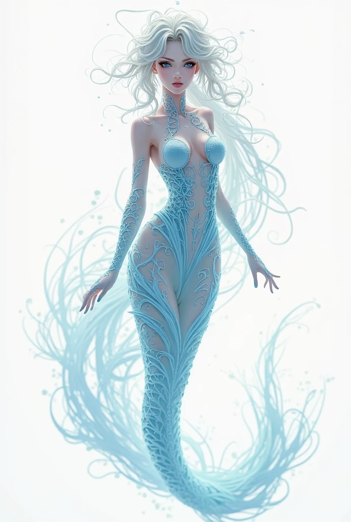 (elemental water, humanoid body made of water: 1.2) sapphire aesthetic, whole body, sky background, fantasy art, being made of water, body of water, woman made of water, angelic