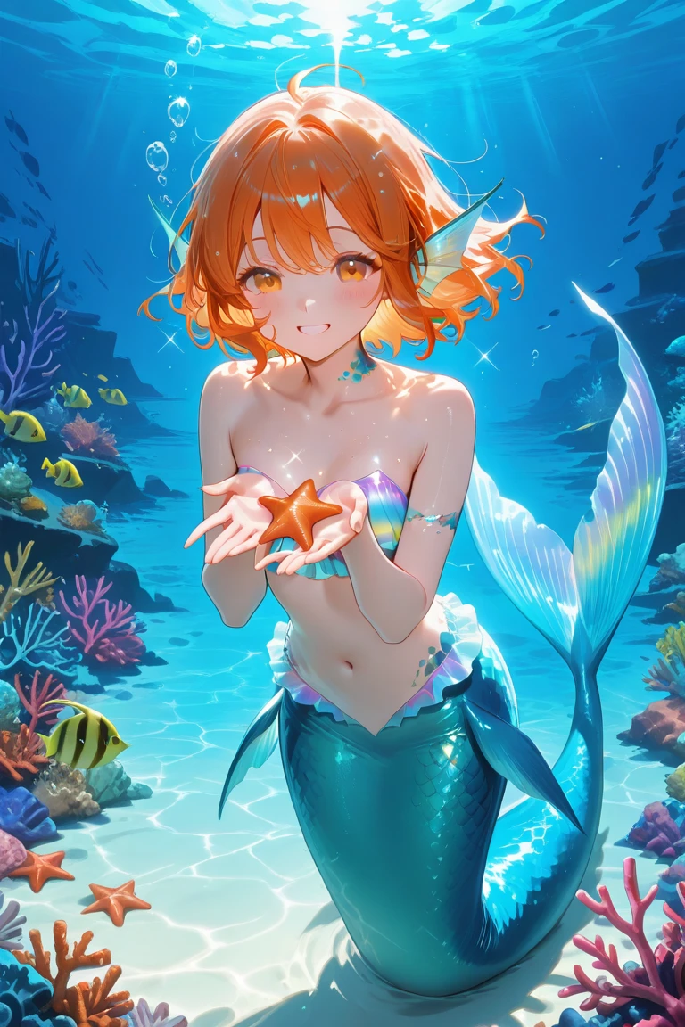 Young between 20 years old long orange hair, medium breast, cute face, happy eyes, smile, abdomen defined thin, mermaid tail, mermaid tail, fish tail mermaid tail