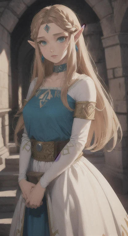 Link,long blond hair,pointy ears,blue eyes,standing,smiling,LGear,belt,bridal gauntlets,(insanely detailed, beautiful detailed face, masterpiece, best quality),<lora:fbLink-10:0.7>,dress,silk,masterpiece,ultra-detailed,(bluedress:1.2),standing,(ruralcitystreets:1.3),(peoplewalkingaround:1.2),crossdressing,flat chest,