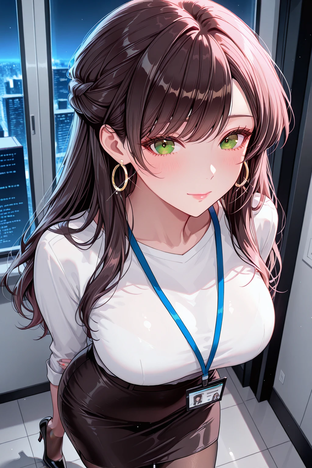 Green Eyes、((Highest quality, 8K, masterpiece :1.3)), whole body, Sharp focus :1.2, Beautiful woman with perfect figure :1.4, Slim Abs :1.2, ((Dark brown hair, Big Breasts :1.2)), Body Dress :1.1, (Night city view, Modern balcony :1.1), Highly detailed face and skin texture, Fine grain, double eyelid,, OL Uniform, office Wear, White T-shirt, Exposed cleavage, Indoor scene, office、whole body
