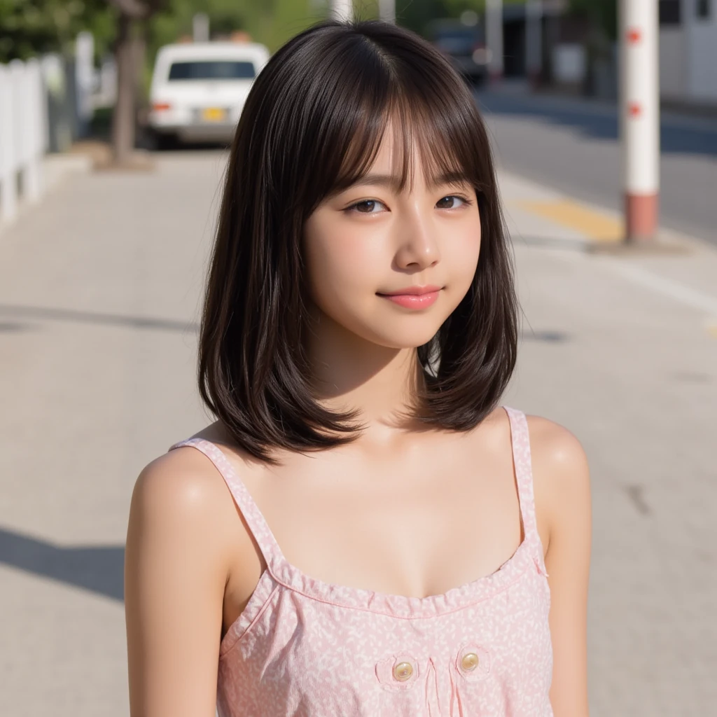 Best image quality、Highest quality、masterpiece、Ultra-high resolution、、immature、Realistic:1.4、Professional Lighting、Cute school girl、Baby Face、Very short hair、thin、Moderate size chest cup bust、Large erect nipples、smile、（she is wearing a pink mini dress、Her cleavage is visible:1.4）standing on the street in front of the station、Many passers-by in the background、Crowded、Tabletop