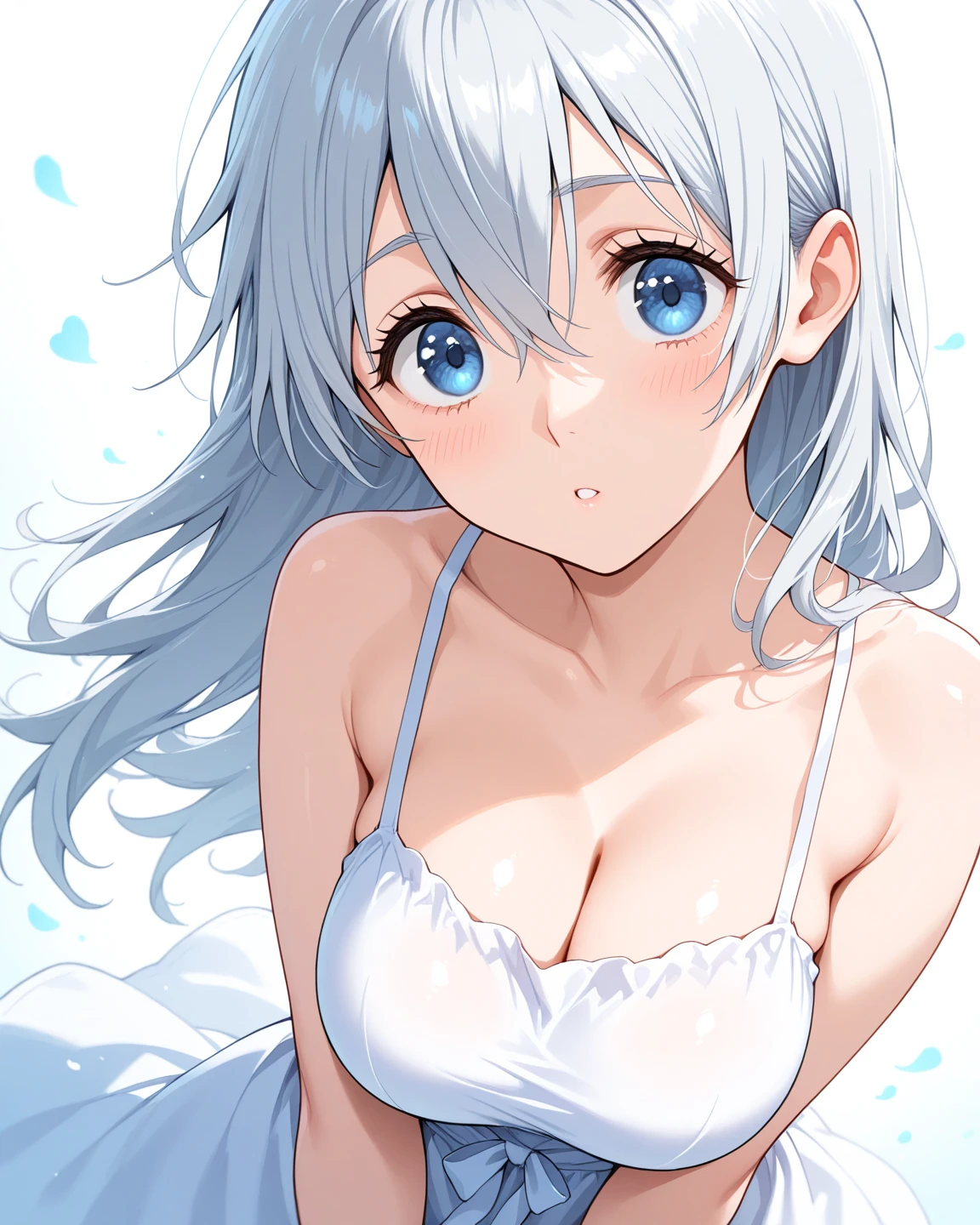 16k,8k,4K, lilja-default , katsuragi lilja,cute,blue eyes,white hair,short hair,braid,bikini,blush,embarrassed,leaning forward ,breast focus,,big breast,thick thighs,shiny skin,white background
