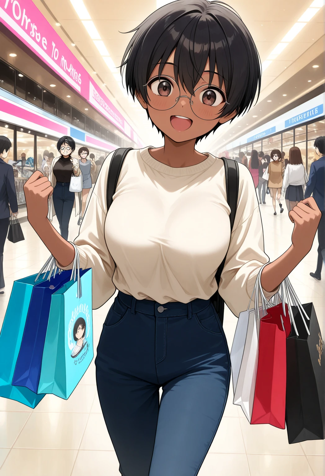 A modern shopping mall. The girl wears fashionable clothes, carries shopping bags, and her face reveals excitement and contentment.