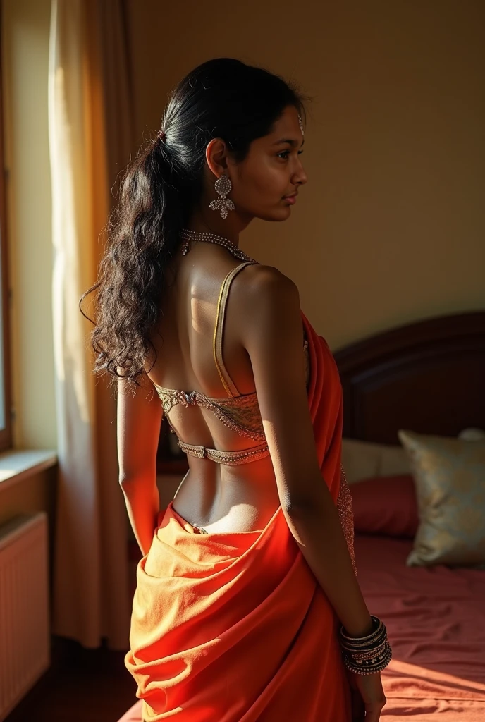 To create an erotic scene like a mature Indian woman having sex with a man, the woman should wear a saree that shows off her body.