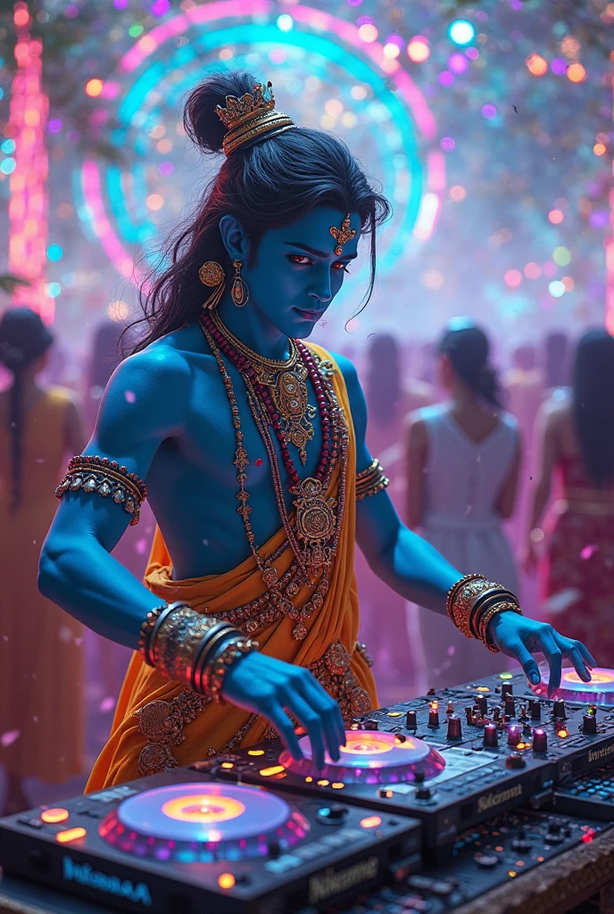 Create a haiper realistic image: create lord krishna wearing a black glass and funky dress playing with his dj gadget in a happu mood in a club in neon light and people are enjoying in his music