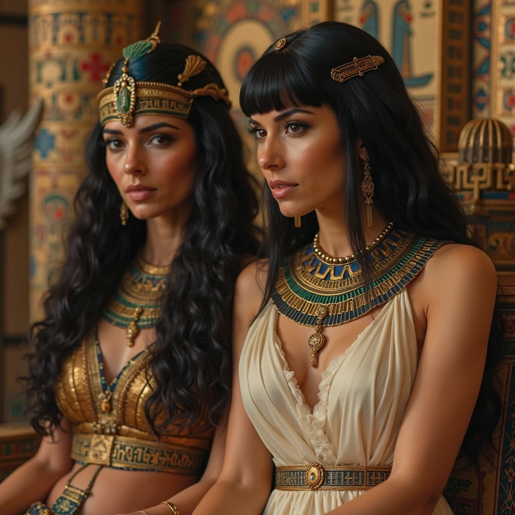 portrait photography, cleopatra,beautiful looking out of camera with(egyptian dress), super realistic face, eyes visible through hair, proper eye position, natural skin, soft light, rim light, body,sitting on a throne,(full body), sexy,on a hill, detailed background, intricate, high detail, octane render, HD, 8k, by Annie Leibovitz, 120mm