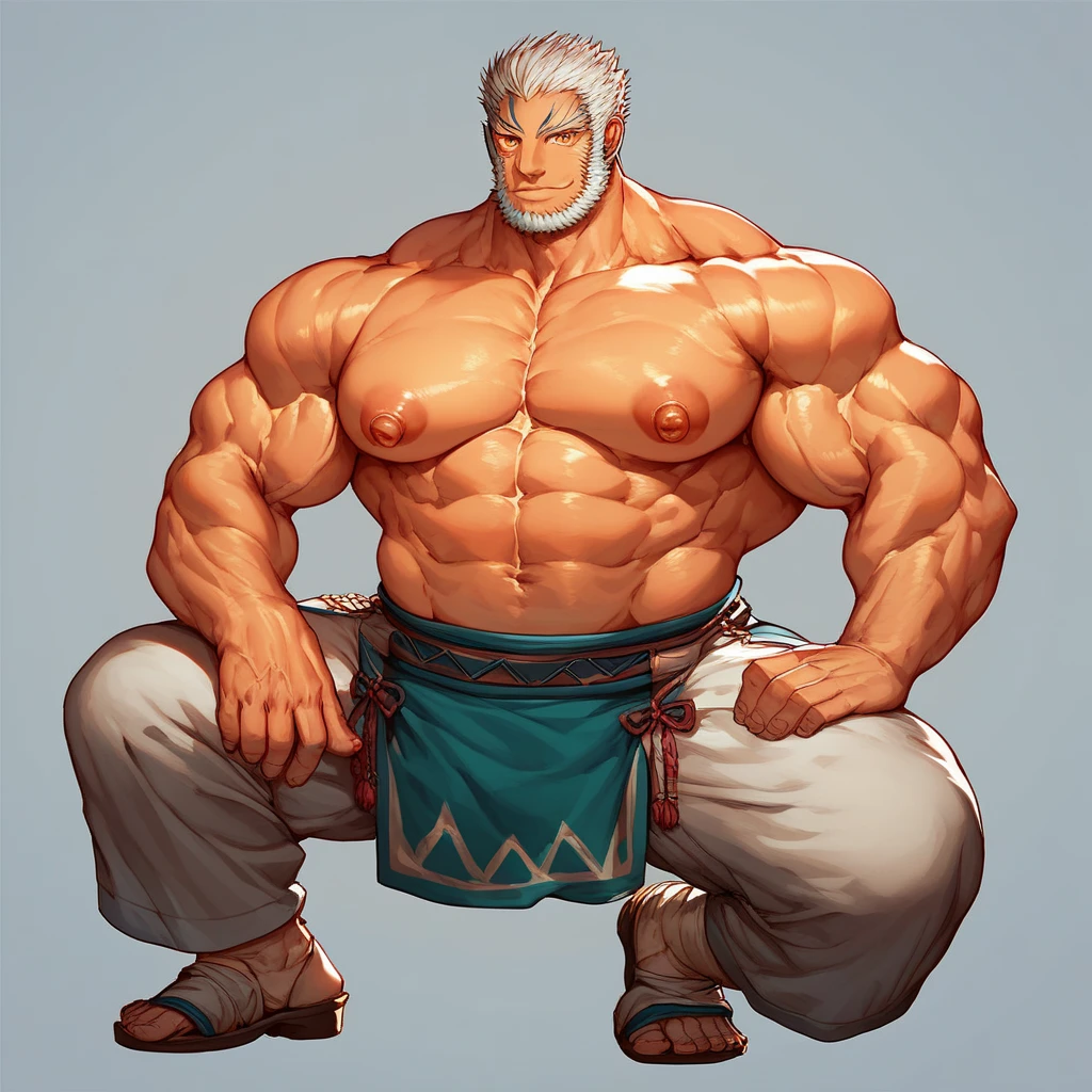 solo, 1boy, perfect anatomy, ground view, wrinkles skin, low shoot, down view, perfect proportion, thick body, thick thighs, sharp eyes, big eyes, smile, perfect fingers, big hand, fingers. Huge Muscular Old man with short hair, karate uniform, sitting in floor, in the dojo,(karate uniform:1.2), view from side, pectoral, thick arms, huge pectoral, wide pectoral, white hair, white beards, masterpiece, semirealistic:1.2, high detailed, 8k, high resolution, perfect center, full view. ((really big muscle, massive muscular, sixpack, thick arms, wide pectoral, super huge muscle, hyper muscular, over sized muscle, huge arms, big arms, huge pectoral))
