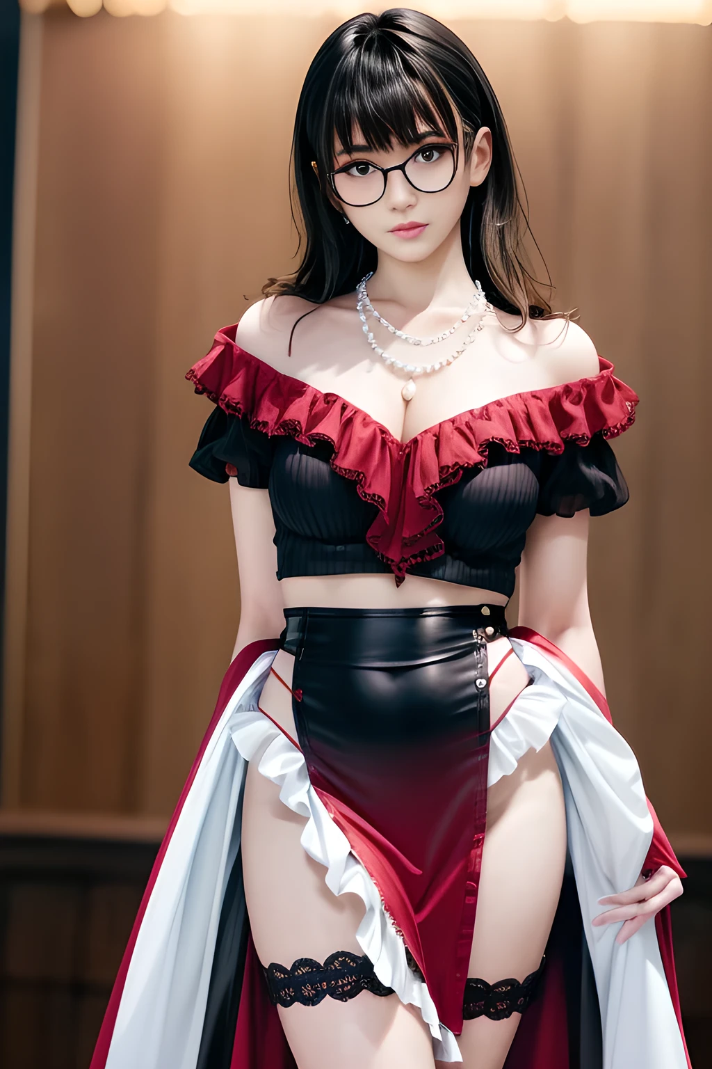 Ultra-detailed、Chinese、attractive beauty、seductive adult woman、pretty woman、piercing eyes、cool girl、wavy hair、shrine maiden outfit、wide sleeves、Black skirt、apply lipstick、bedroom floor、makeup brush, large breasts, black push-up bra, off shoulder clothing, pretty, long wavy brown hair, hair ornament, high waist skirt touching black bra, elegant and refined, evil, hypnotized, brainwashed, vampire, emotionless, shrine maiden high-waist long skirt, kneeling on floor, hands between legs, arms squeezing breasts together, pantyhose, empty eyes, emotionless, mouth open drool trail coming out, drool puddle between cleavage, shiny lips, glazed over eyes